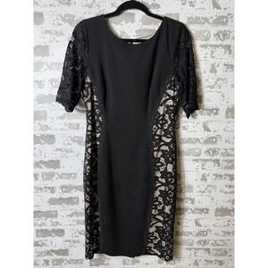 Signature by Sangria Dress Womens 14 Black Lace Panel Sheath Short Sleeve Lined